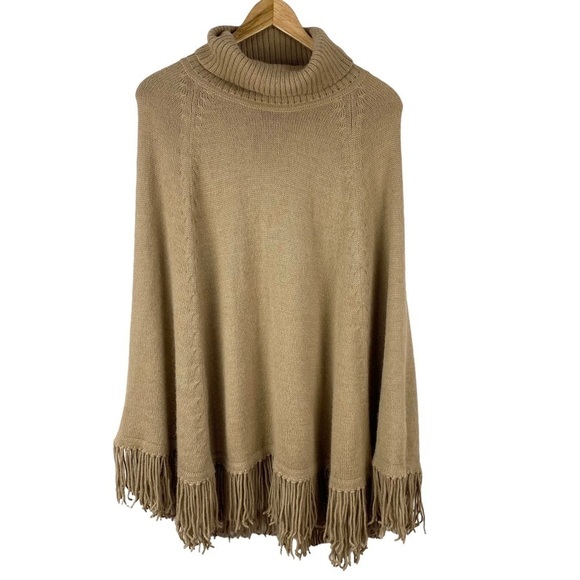 Novica Alpaca Knit Sweater Poncho Cape Tan Brown Pullover Fringe Peru One Size - Picture 8 of 9